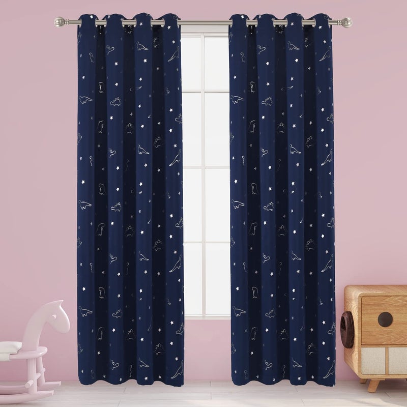 LORDTEX Dinosaur and Star Foil Print Blackout Curtains for Kids Room - Thermal Insulated Curtains Noise Reducing Window Drapes for Boys and Girls Bedroom, 52 x 95 Inch, Navy, Set of 2 Panels - Image 1